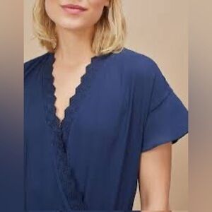 Counterparts Navy V Neck Blouse with Lace Trim and Ruffled Flutter Sleeves